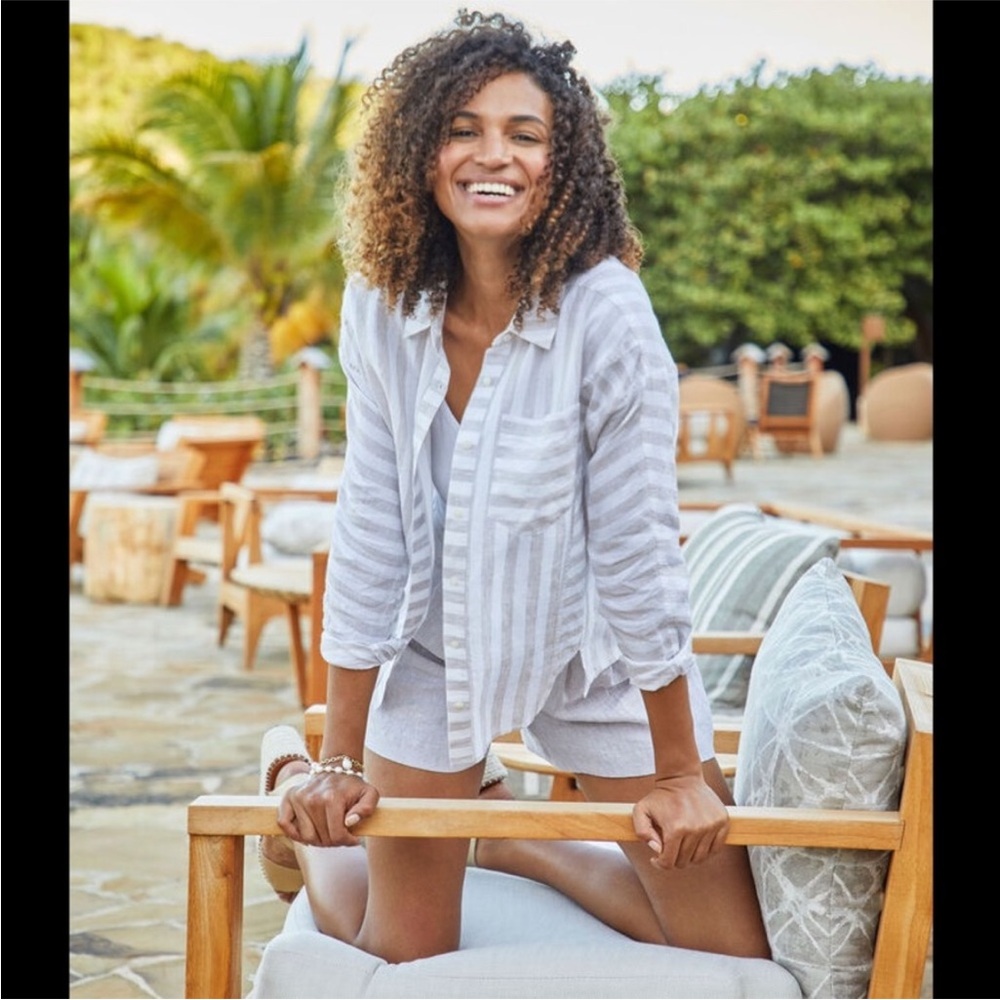 Vineyard Vines Striped Linen Weekend Top — White/Tan - Picture 3 of 9